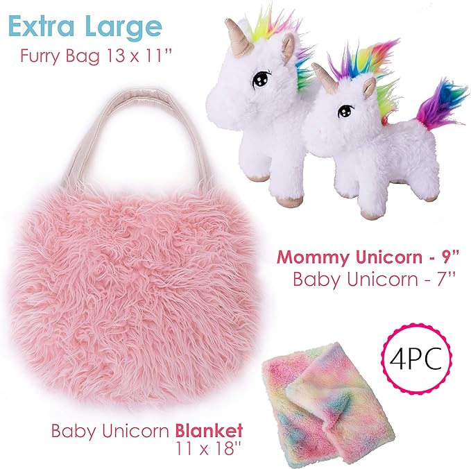 Perfectto Design Unicorn Toy for Girls Age 3, 4, 5. 4 PCS Set - Mommy Baby Stuffed Animal, Bag and a Doll Blanket. Unicorn Gift for 3-6 Year Old Girl Birthday or Christmas. (White Rainbow)