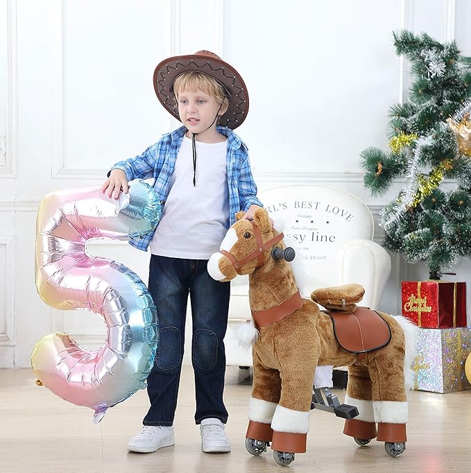 JoJoPooNy Ride on Horse Toy, Kids Ride on Toy for 3-6 Years Old, Premium Riding Horse Plush Animal Toy, Walking Horse Toy with Wheels (27 Inch Height)