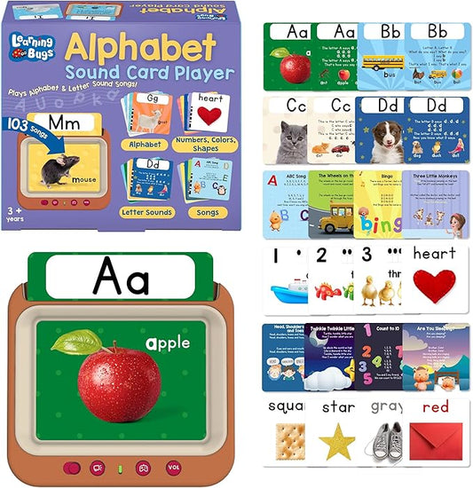 LEARNING BUGS Interactive Learning Card Player for Toddlers – 126 Sounds, Alphabet & Phonics Songs, Nursery Rhymes, Numbers, Colors & Shapes – Musical Educational Toy for Kids Ages 3+