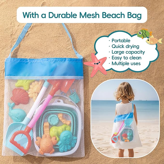 Beach Toys for Kids - Sand Toys Set Includes Collapsible Bucket Shovel and Mesh Bag 19 PCS, Toddlers Sandbox Toys Sandcastle Building Kit (Kids Beach Toy Set)