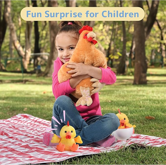 PREXTEX Hen Toy with Two Plastic Easter Eggs and Cute Baby Chicks Inside - Big Mommy Hen Plush with Chicks Zippered in Eggs - Adorable Chicken Plushies for Kids 3-5 Years Old