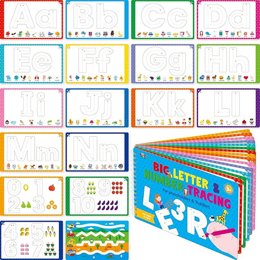 SpriteGru Letter & Number Tracing Pad, 30 Pages Alphabet ABC and 123 Handwriting Book, Reusable & Erasable Pen Control Practice Montessori Autism Educational Fine Motor Toddler Learning Toys