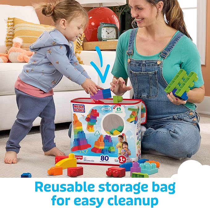 MEGA BLOKS First Builders Toddler Blocks Toys Set, Big Building Bag with 80 Pieces and Storage, Blue, Ages 1+ Years