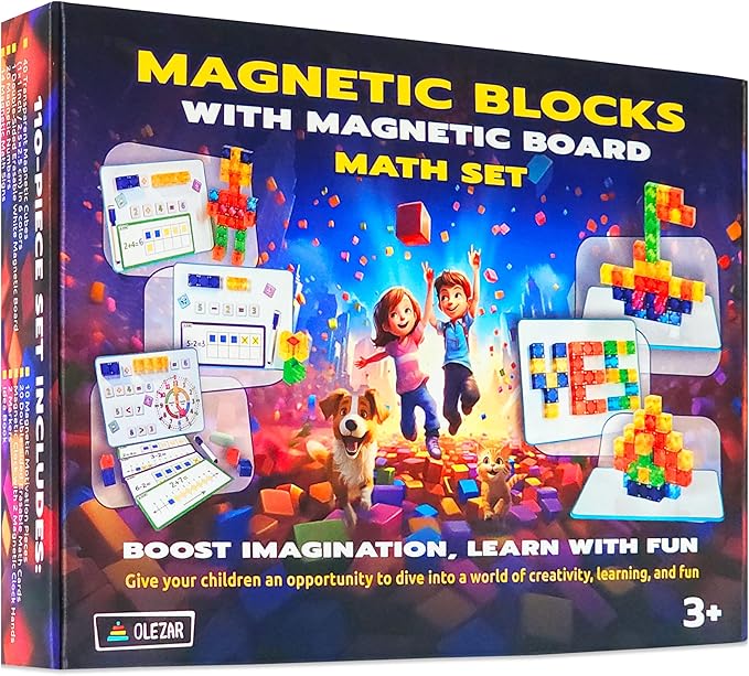 40pcs Transparent Magnetic Blocks, 1inch Cubes, 5-in-1 STEM Set with Board & Markers, Math Cards & Numbers, Magnetic Clock, Idea Book, 3D Educational & Building Toys, for Kids Ages 4-8