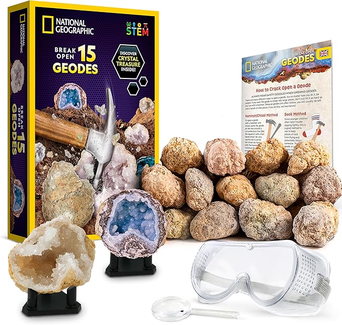 NATIONAL GEOGRAPHIC Break Open 15 Premium Geodes Science Kit - Goggles, Detailed Learning Guide, 3 Display Stands, Great STEM Science Toy & Educational Gift