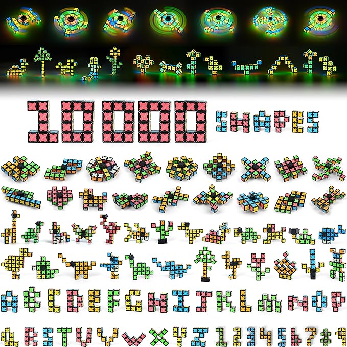 TOSY Magnet Fidget Spinner Glow - 16 blocks, 3in1 Toy: Transformable Fidget Spinner, Infinity/Puzzle Cube, Glowing, Christmas Stocking Stuffers Gift for Kids/Adults, STEM Sensory Stress Relief, 2-pack