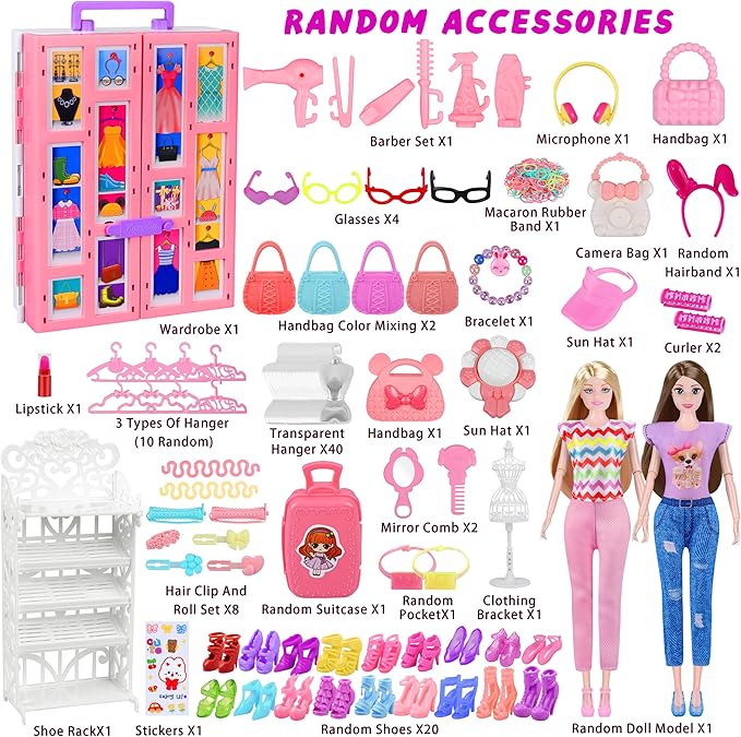 Closet Playset With 342 Pcs Clothes and Accessories, Princess Dresses, Tops, Pants, Swimsuits, Wardrobe, Shoes, Hangers and Other Accessories, Dress Up Toys for Girls Toddlers Gift