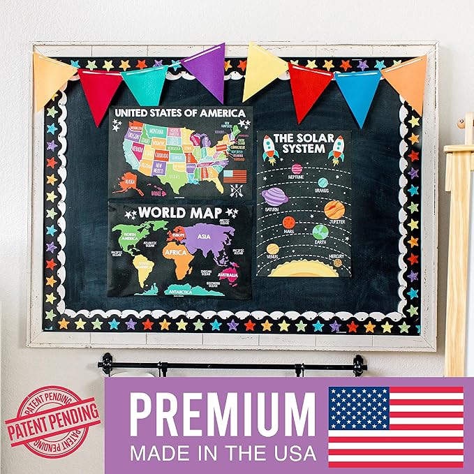 Hadley Designs 4 Alphabet, Map of United States, World Map, & Solar System Posters - Laminated ABC Charts for Toddlers Wall Decor, Chalk Posters for Kindergarten, Prek Classroom or Homeschool 11x17