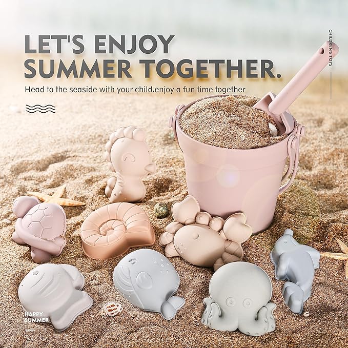MarcZero 11Pcs Silicone Beach Toys,Modern Baby Beach Toys,Travel Friendly Beach Set,Silicone Bucket, Shovel, 8 Sand Molds, Beach Bag,Silicone Sand Toys for Toddlers, Kids (Pink)