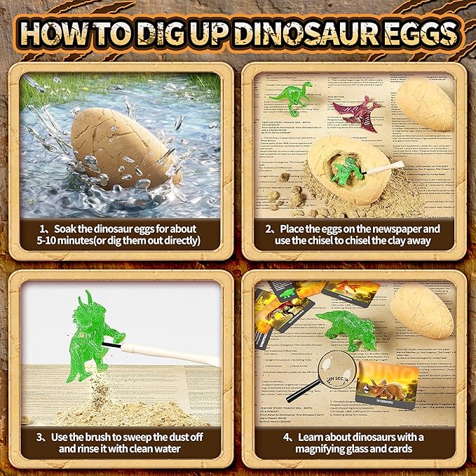 24 Glow in The Dark Dinosaur Eggs, Dig Kit Toys for Kids, Surprise Dinosaur Eggs Excavation Kit with Magnifier, STEM Birthday Party Favor Gifts for Boys Girls Age 3 4 5 6 7 8 9 10 + Years Old