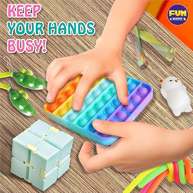 Fidget Box for Girls Boys, FunKidz Mystery Sensory Fidget Pack Toys for Stress Relief Kids Party Favors Gift Classroom Prizes Travel Camping with Portable Case