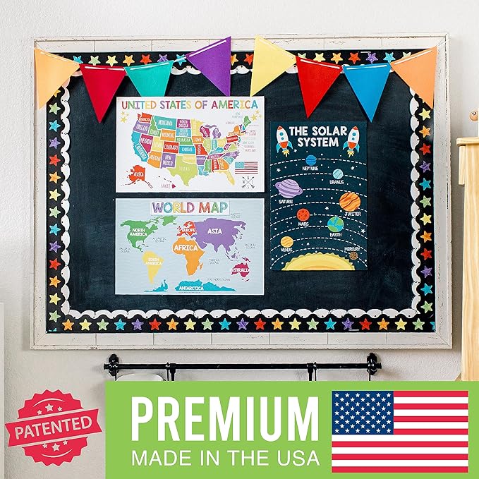 4 Alphabet, Map of United States, World Map, & Solar System Posters - Laminated ABC Charts for Toddlers Wall Decor, Colorful Posters for Kindergarten, Prek Classroom or Homeschool 11x17