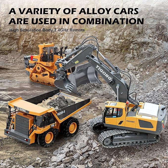 Remote Control Excavator Toy, Rechargeable 11 Channel 2.4Ghz RC Construction Vehicles with Metal Shovel for Kids, 680° Rotation with Lights and Sound - 1/20 Scale Digger for Boys 6-12