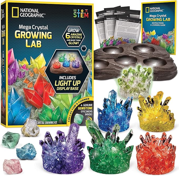 National Geographic Mega Crystal Growing Kit for Kids- Grow 6 Crystals with Light-Up Stand, Science Gifts for Kids 8-12, Crystal Making Experiment, Science Kit for Girls and Boys (Amazon Exclusive)